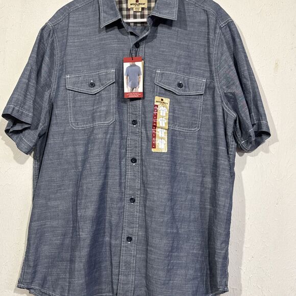 NWT Woolrich Atlas Men’s Denim Short Sleeve Button Down Shirt Size XL - Picture 1 of 4